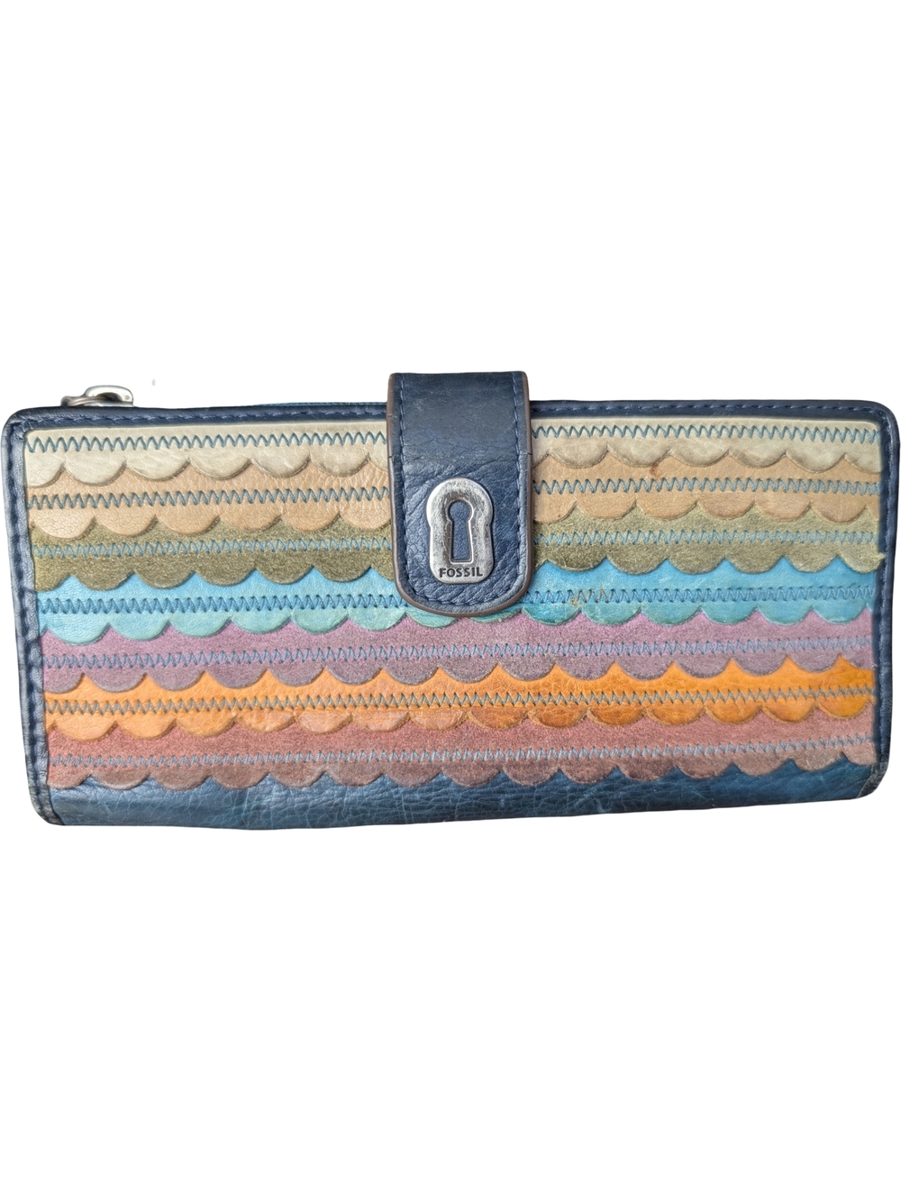 Fossil Multicolor Scalloped Patchwork Leather Wallet Blue Zip Snap Clutch